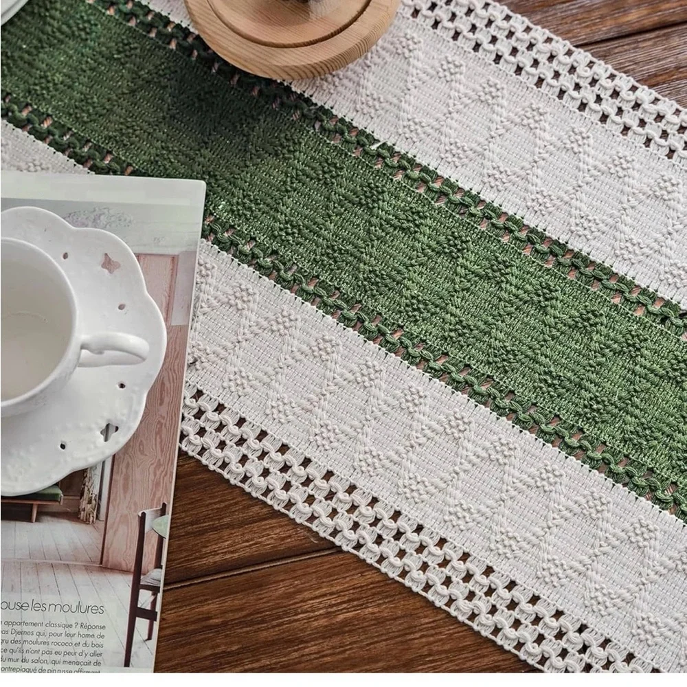 Bojo Green and Cream Table Runner with tassels